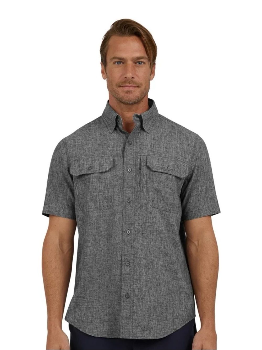 Casual Gray Short-Sleeve Button-Down Linen Cotton blend Shirt with Chest Pockets